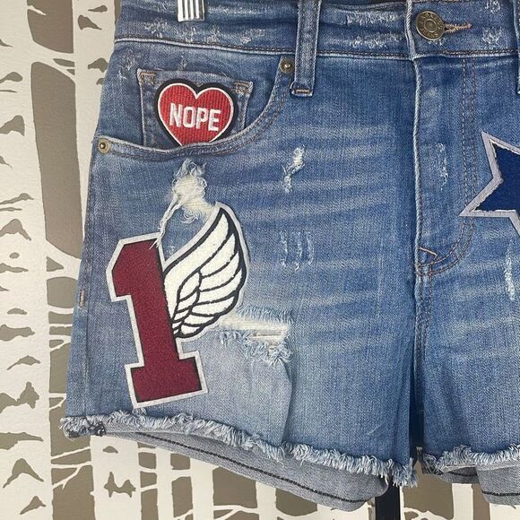 Express High Waist Cut Off Jean Shorts with Patches 6 - Picture 3 of 11